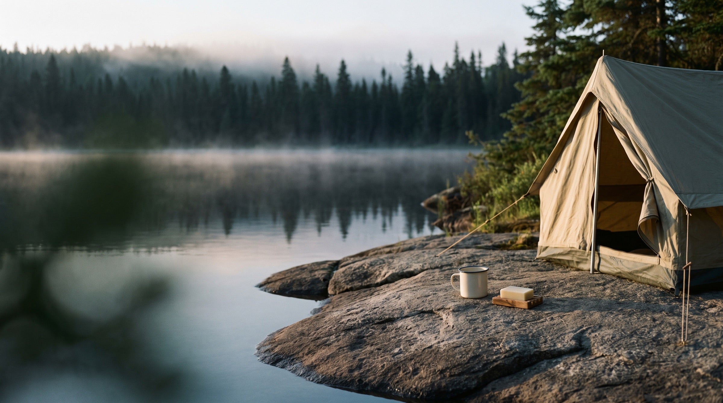 A canvas tent on granite beside a misty lake at dawn, with an enamel mug and a bar of soap on the rock