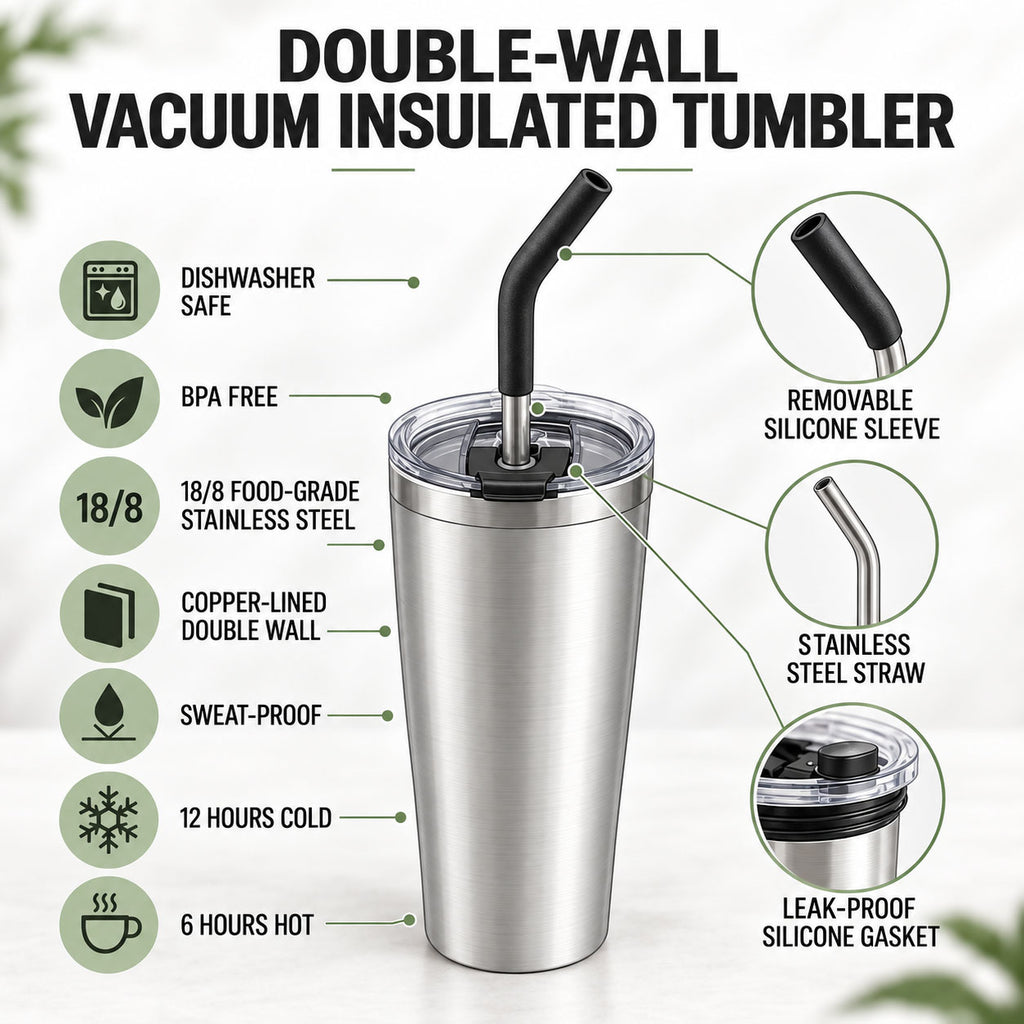 Heritage tumbler features: dishwasher safe, BPA-free, 18/8 stainless steel, copper-lined double wall, sweat-proof, 12 hours cold, 6 hours hot