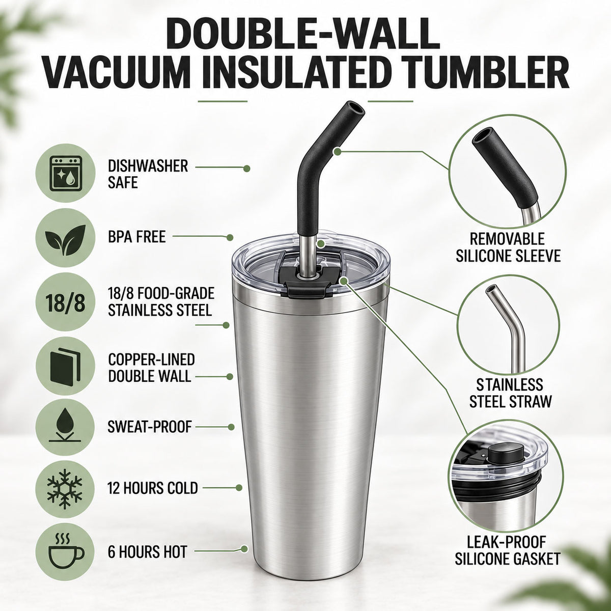 Heritage tumbler features: dishwasher safe, BPA-free, 18/8 stainless steel, copper-lined double wall, sweat-proof, 12 hours cold, 6 hours hot