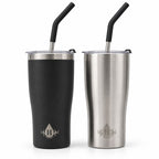 Heritage 20 oz insulated tumblers in matte black and brushed stainless steel with lids and stainless steel straws