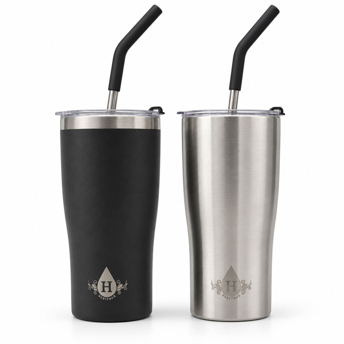 Heritage 20 oz insulated tumblers in matte black and brushed stainless steel with lids and stainless steel straws