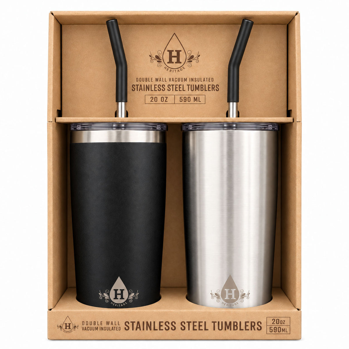 Heritage double wall vacuum insulated tumbler set of 2 in kraft cardboard gift box, 20 oz / 590 mL
