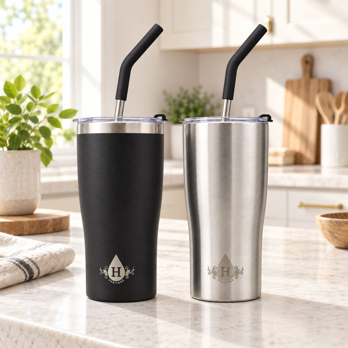 Heritage 20 oz stainless steel tumbler set on a marble kitchen counter