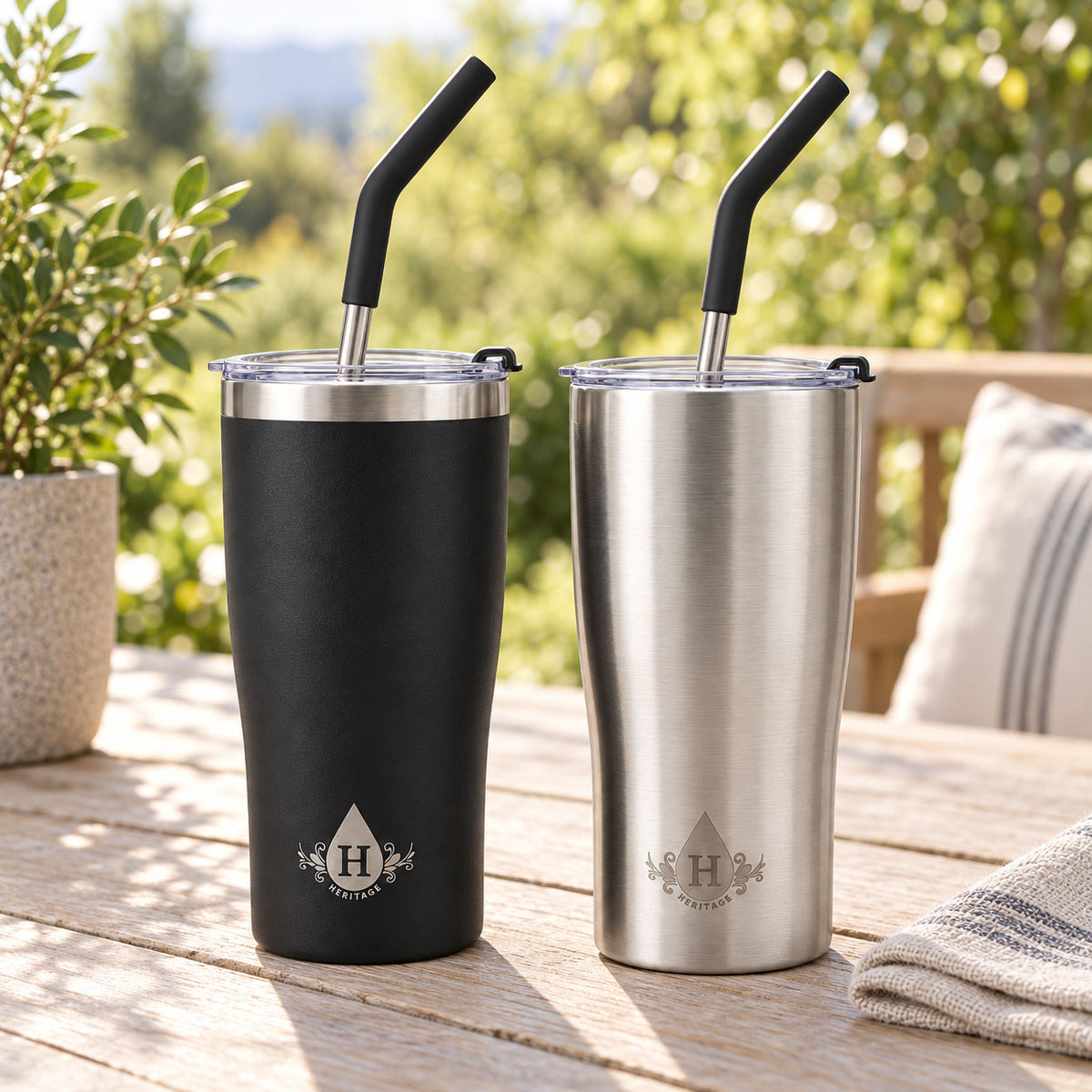 Black and brushed steel Heritage tumblers with straws on a sunny outdoor patio table