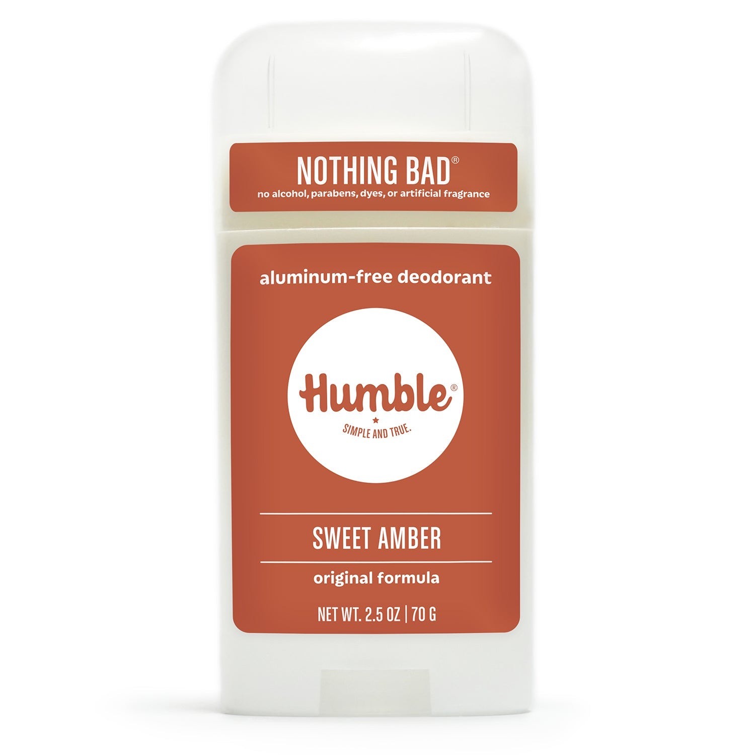Front view of a white Humble Sweet Amber aluminum-free deodorant container with a terracotta-colored label, on white.