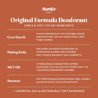 Infographic on a terracotta background listing the key ingredients of Humble's Original Formula Deodorant.