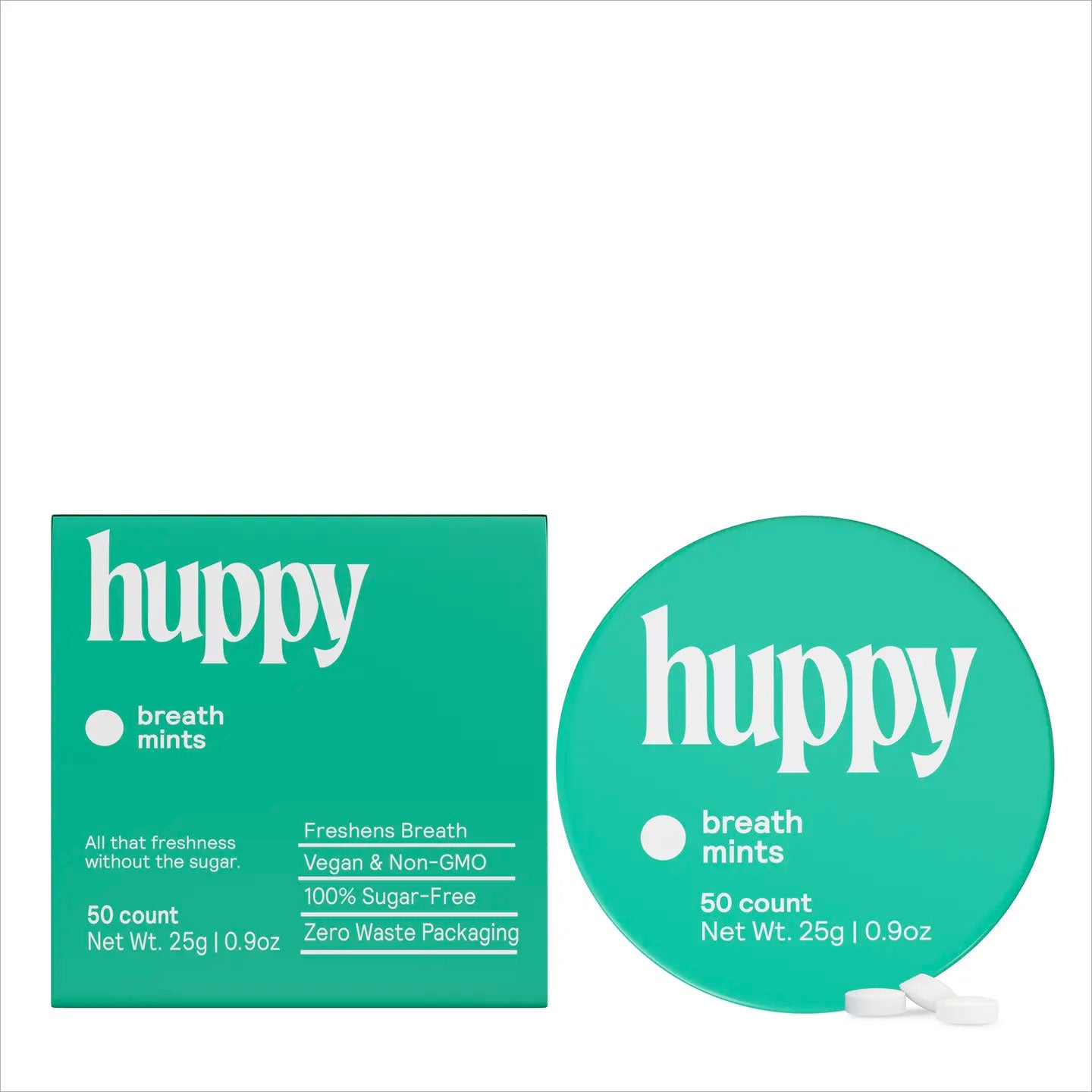 Green packaging of huppy breath mints with text on a white background