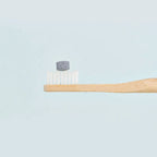 huppy toothpaste tablet on a toothbrush - charcoal mint