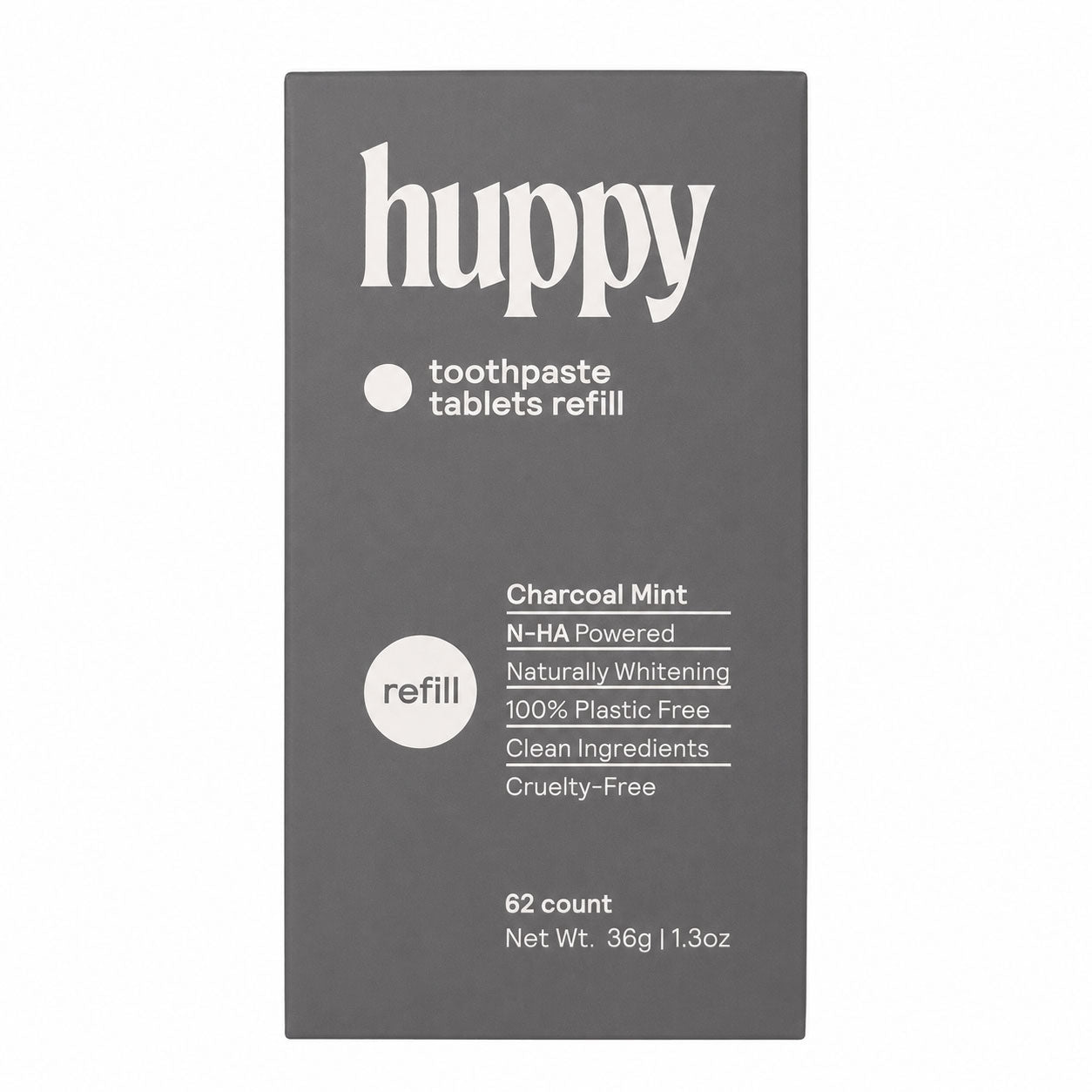 A dark gray rectangular box of Huppy toothpaste tablets refill in Charcoal Mint flavor, shown against a plain white background.