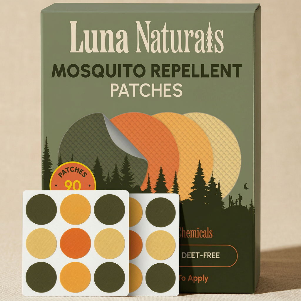Luna Naturals mosquito repellent patches box with two sheets of round earth-toned patches on a beige background.