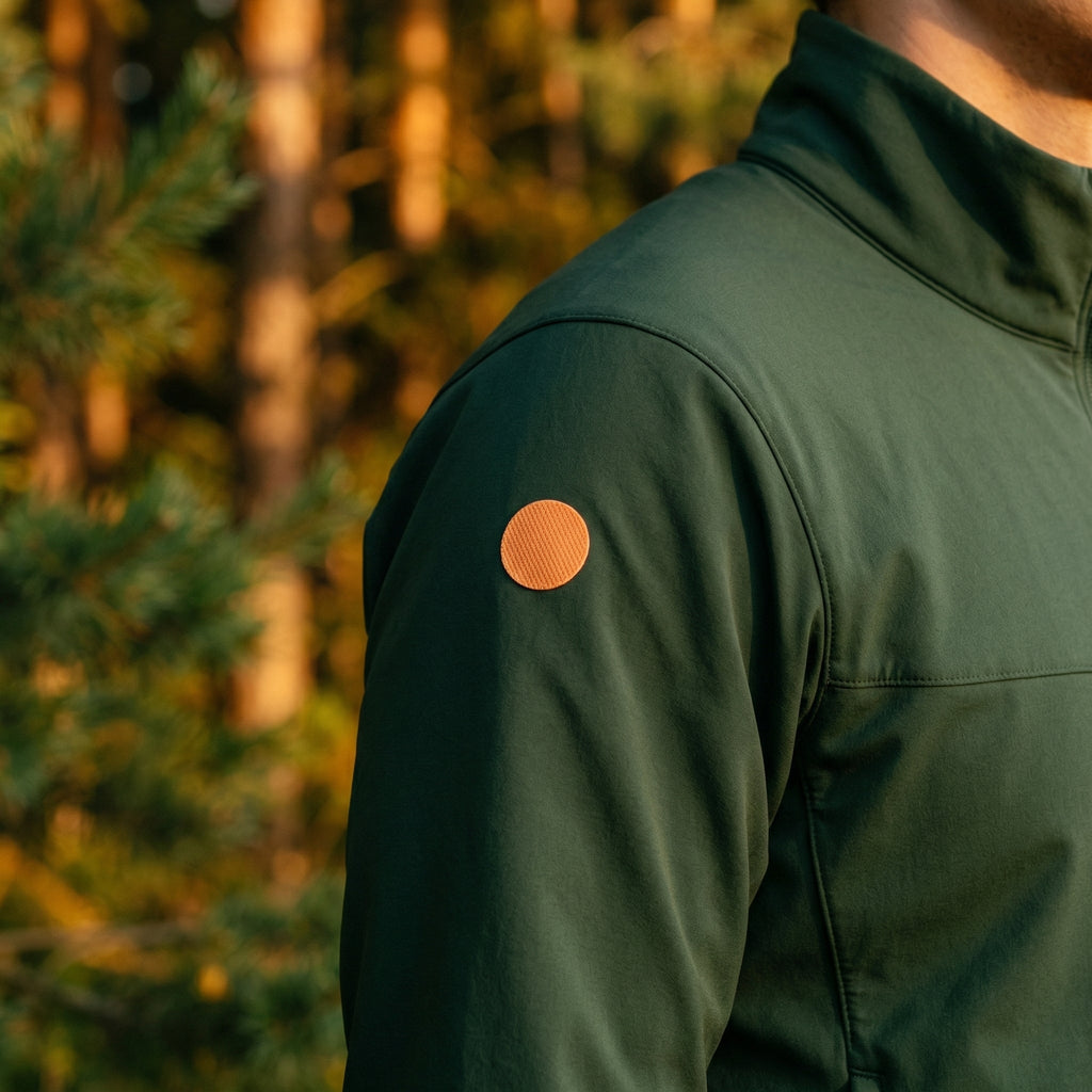 Textured round orange patch stuck onto the upper sleeve of a green zip jacket outdoors near trees.