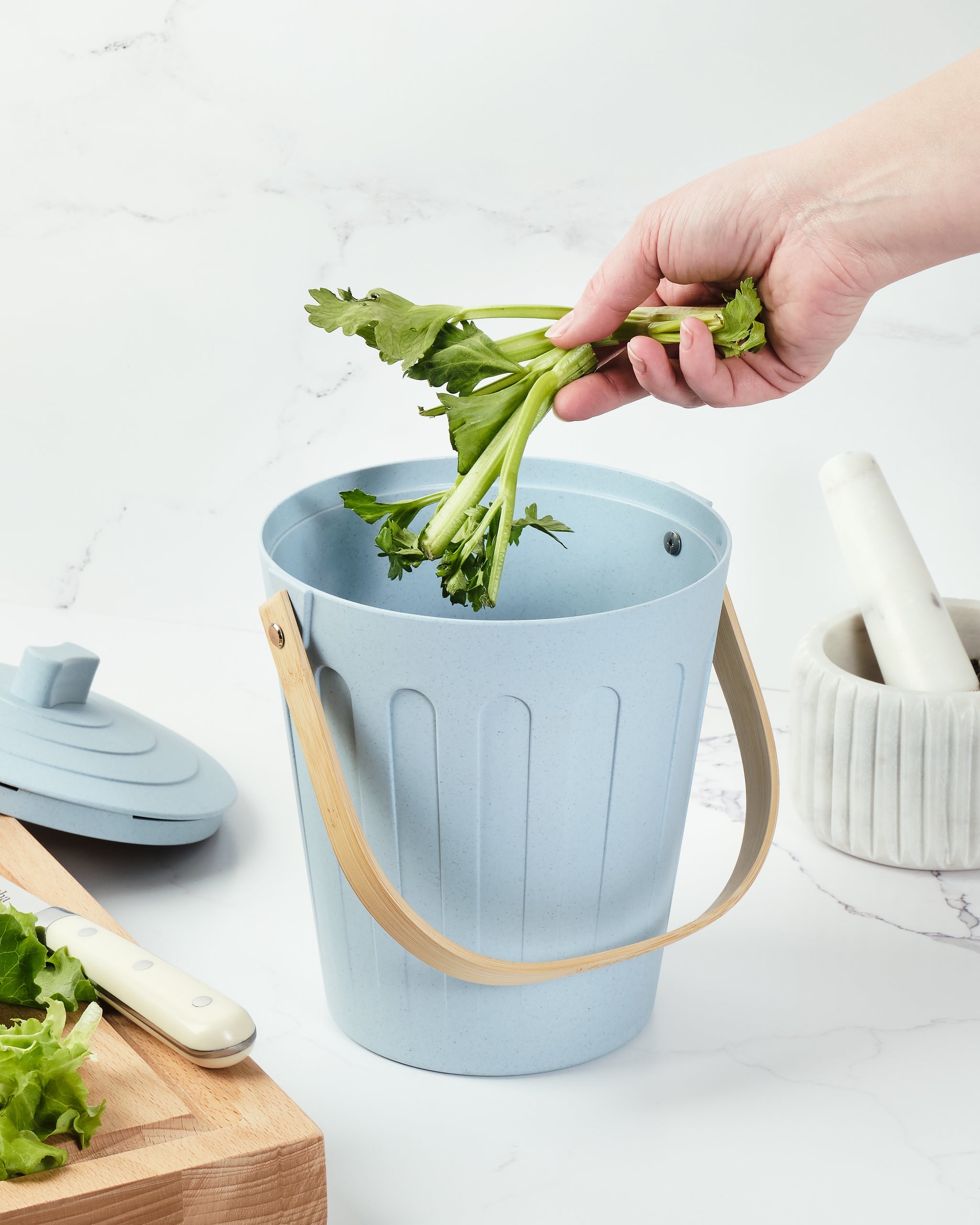 Hand placing celery into a Martha Stewart light blue indoor compost bin on a kitchen counter.