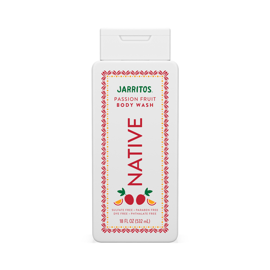 Native x Jarritos Passion Fruit body wash in an 18 fl oz white rectangular bottle centered on a black backdrop.