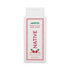 Native x Jarritos Passion Fruit body wash in an 18 fl oz white rectangular bottle centered on a black backdrop.