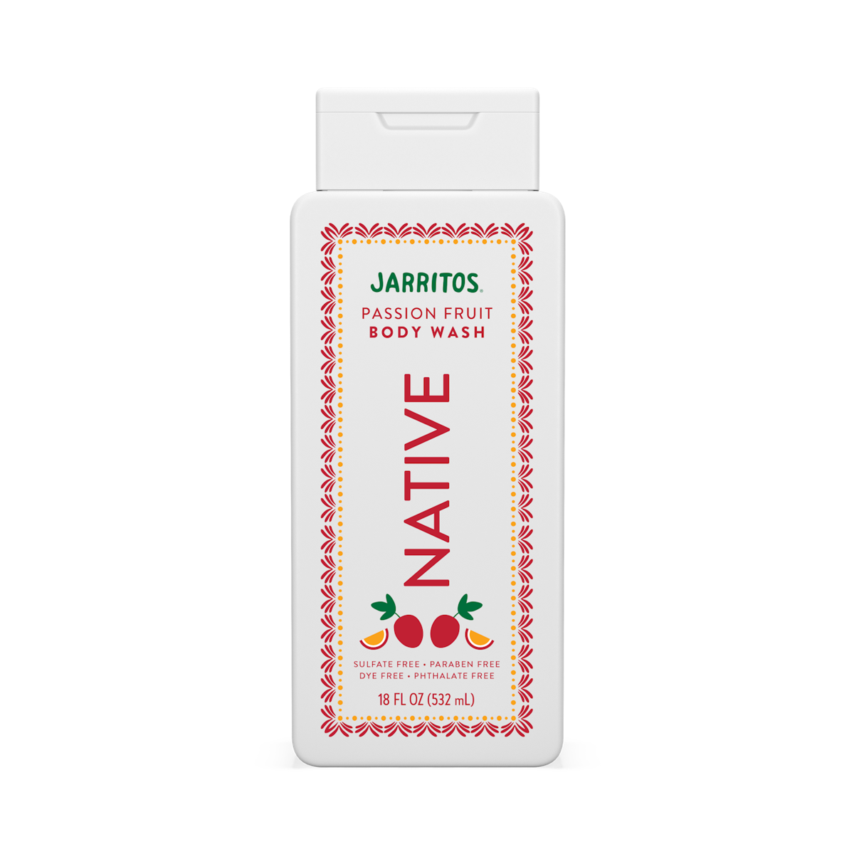 Native x Jarritos Passion Fruit body wash in an 18 fl oz white rectangular bottle centered on a black backdrop.