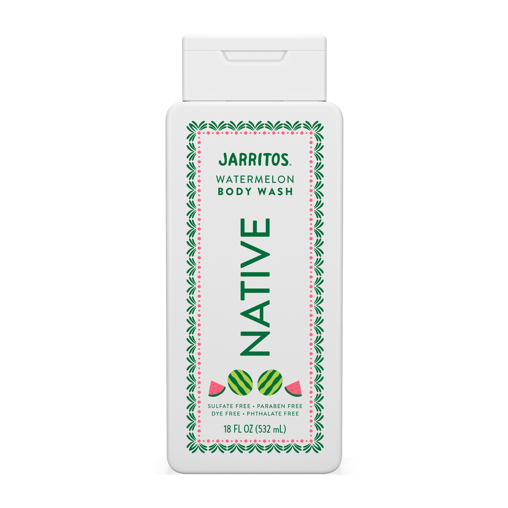 Front of an 18 fl oz white bottle of Native Jarritos Watermelon Body Wash against a black background.