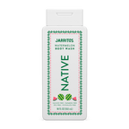Front of an 18 fl oz white bottle of Native Jarritos Watermelon Body Wash against a black background.