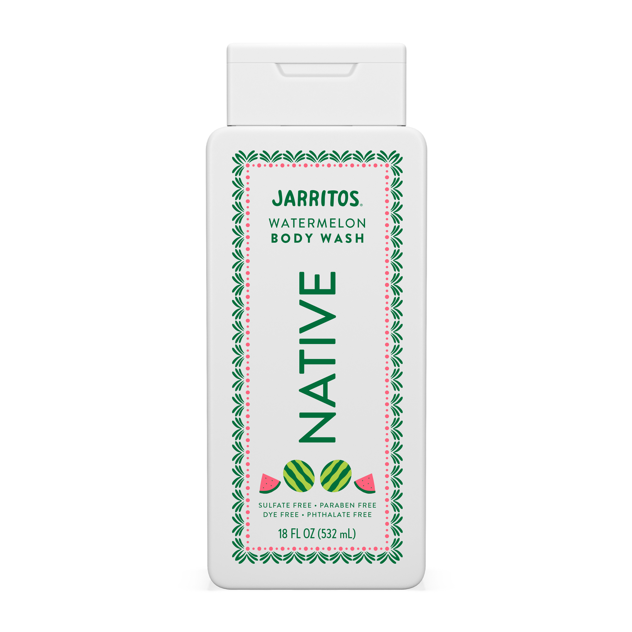 Front of an 18 fl oz white bottle of Native Jarritos Watermelon Body Wash against a black background.
