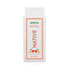 Front of the white Native Jarritos Mandarin body wash bottle with orange patterned borders on black.