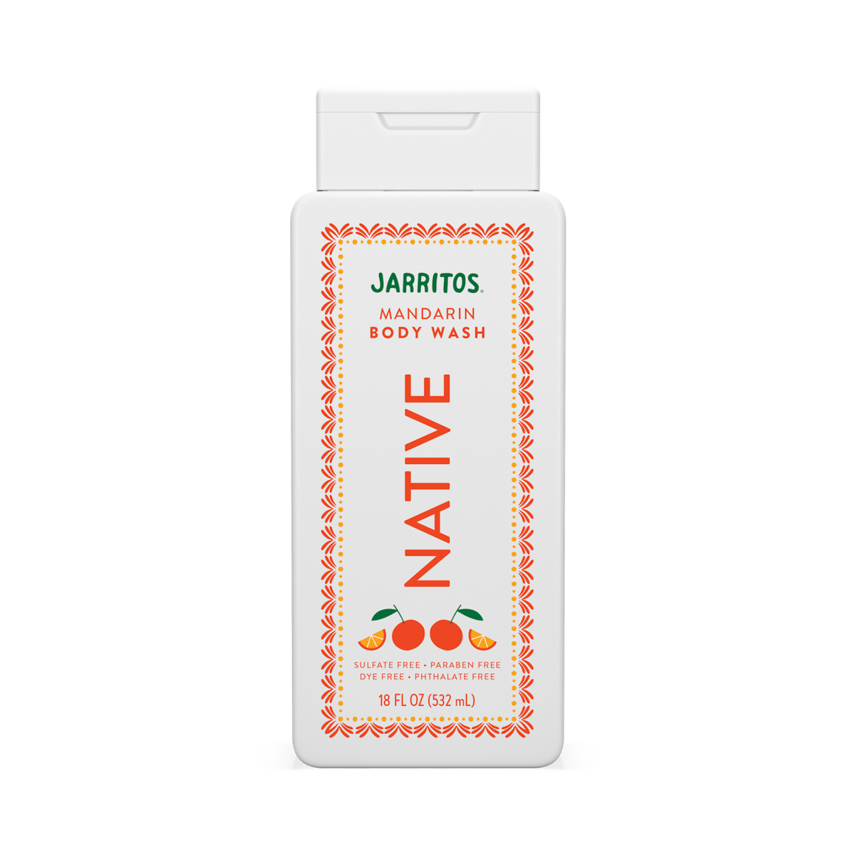 Front of the white Native Jarritos Mandarin body wash bottle with orange patterned borders on black.