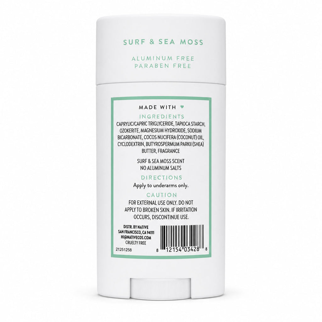 Back label of the Native Surf & Sea Moss deodorant showing the ingredient list, directions and caution panel.