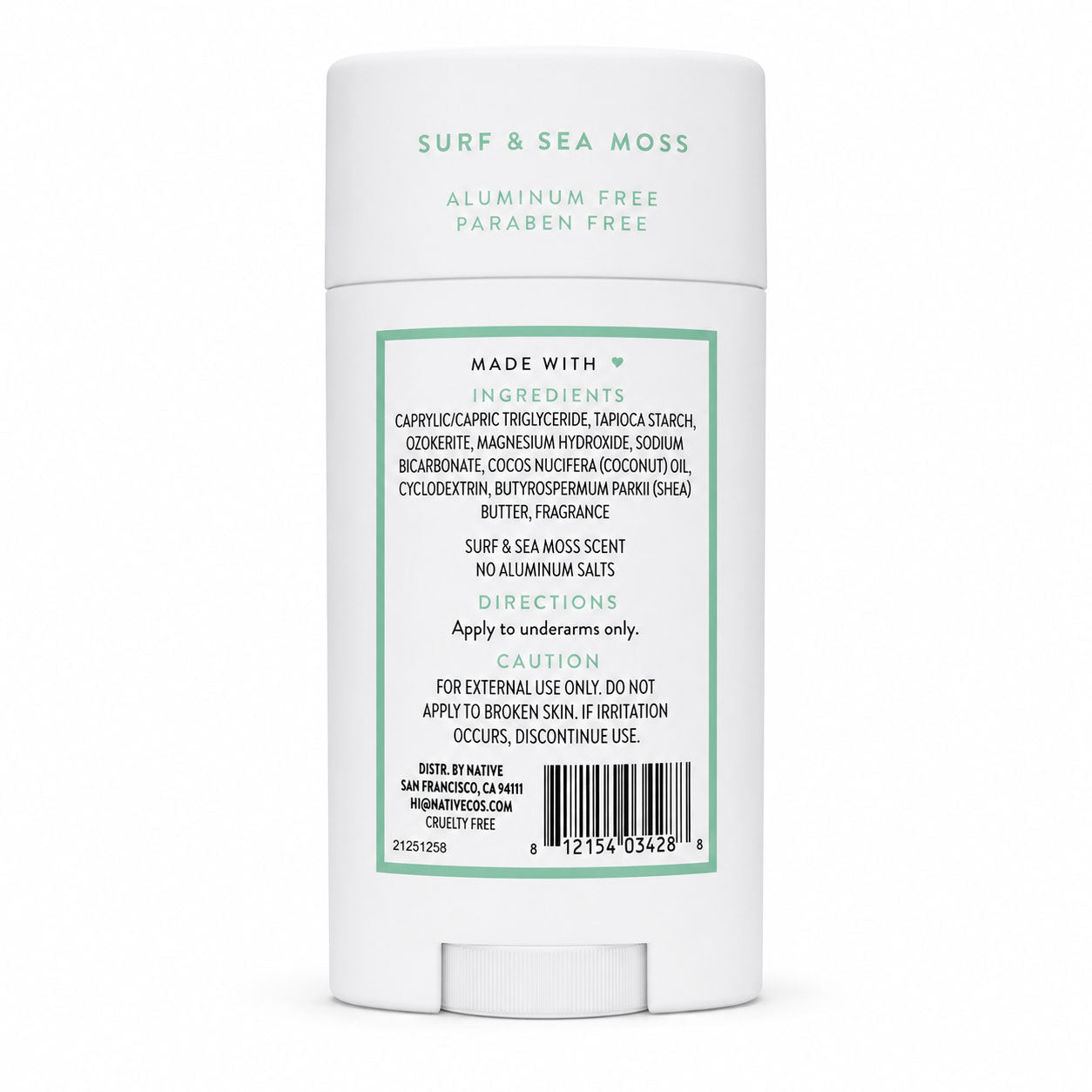 Back label of the Native Surf & Sea Moss deodorant showing the ingredient list, directions and caution panel.