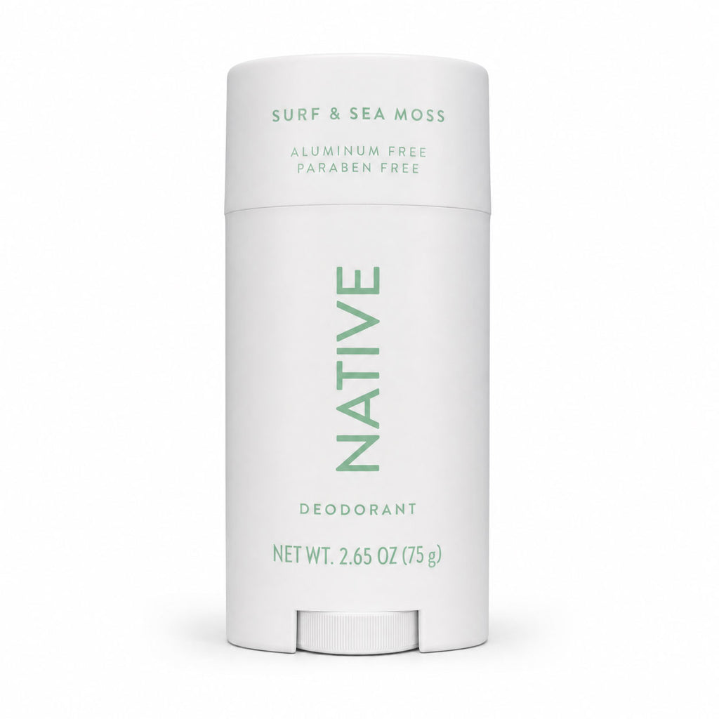 Front of a white Native deodorant stick printed with Surf & Sea Moss, aluminum free and paraben free, 2.65 oz.