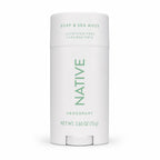 Front of a white Native deodorant stick printed with Surf & Sea Moss, aluminum free and paraben free, 2.65 oz.
