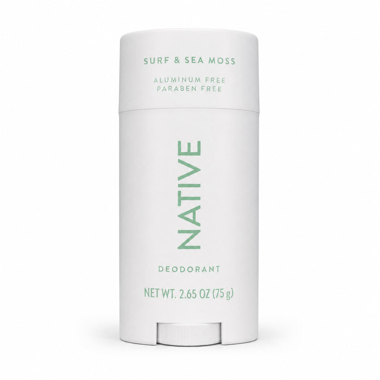 Front of a white Native deodorant stick printed with Surf & Sea Moss, aluminum free and paraben free, 2.65 oz.