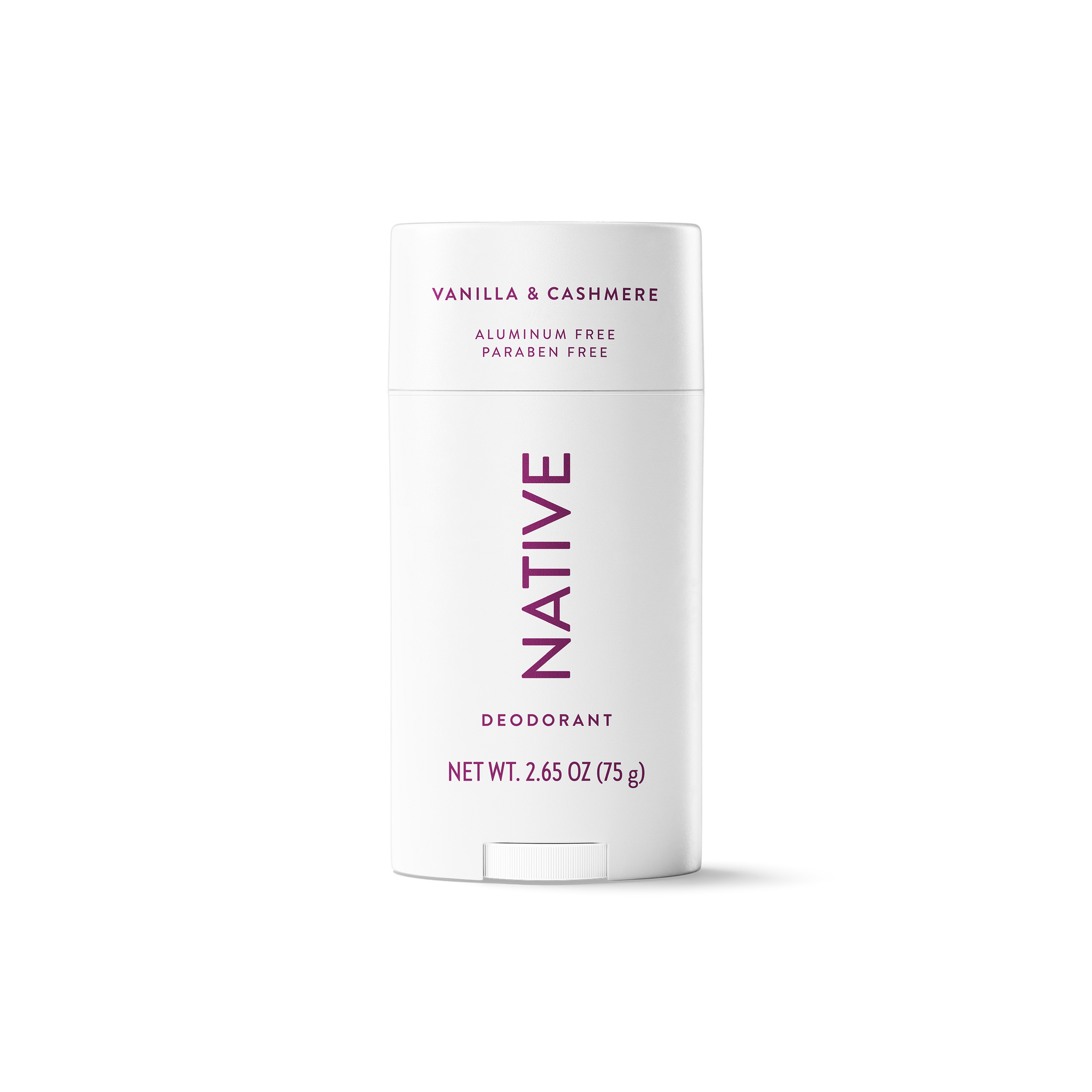 White stick of Native Vanilla & Cashmere deodorant with purple lettering centered against a solid black background.