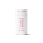 White container of Native Whole Body Vanilla & Raspberry Deodorant, centered on a solid black background.