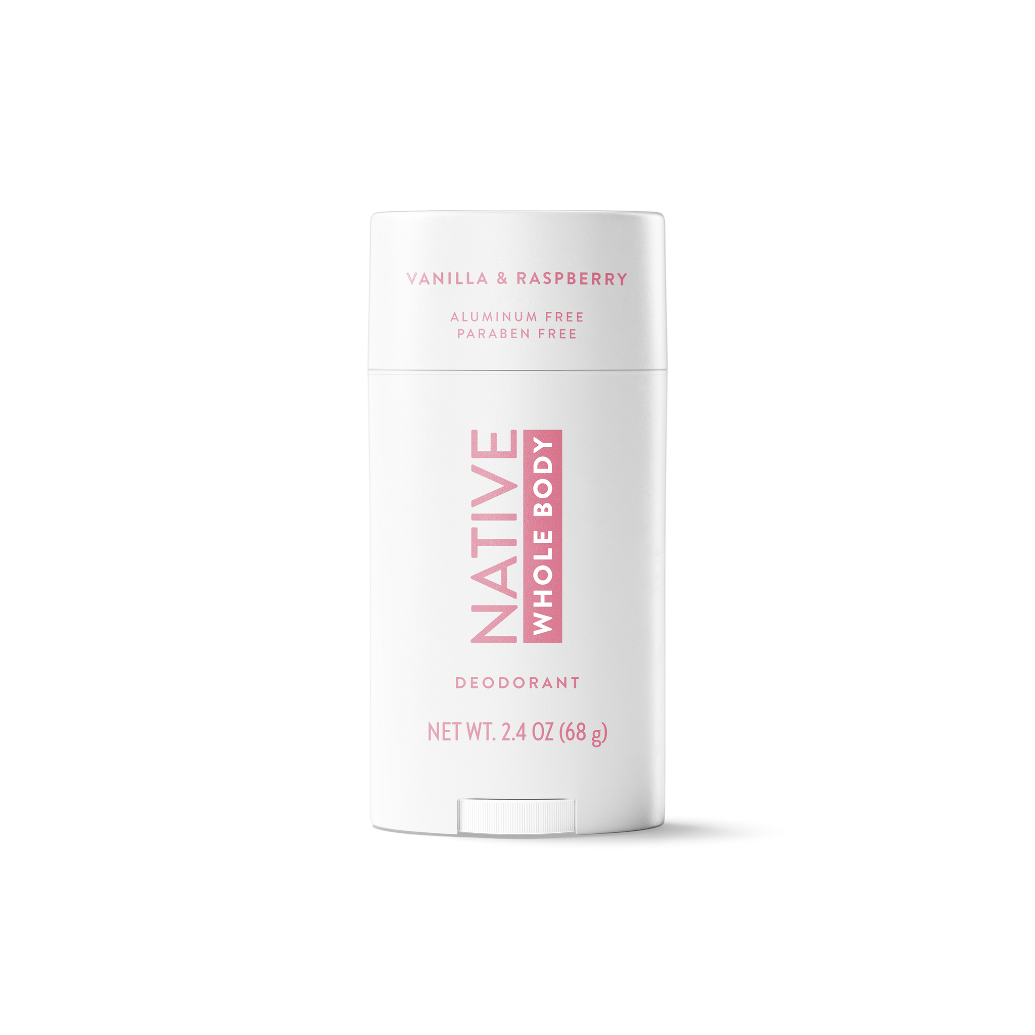 White container of Native Whole Body Vanilla & Raspberry Deodorant, centered on a solid black background.