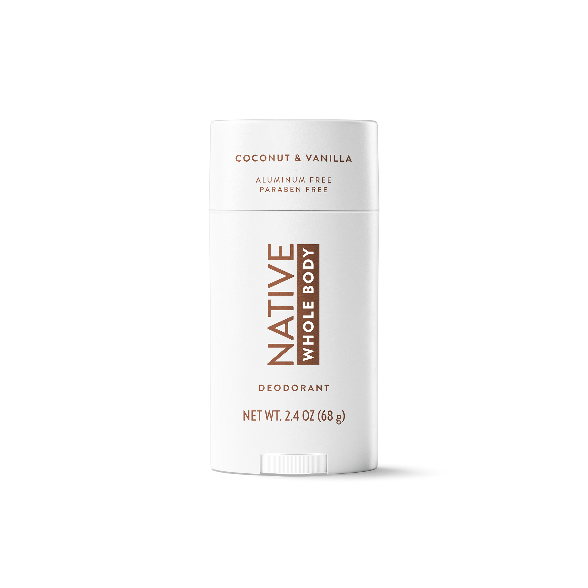 Front view of Native Whole Body coconut and vanilla deodorant stick in a white container on a white background.