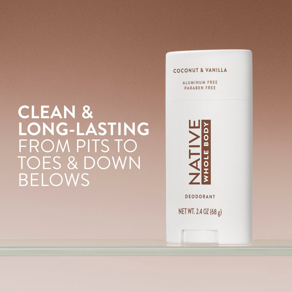 Native Whole Body deodorant stick on a glass shelf against a brown gradient backdrop with promotional text.