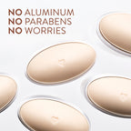 Oval-shaped beige deodorant sticks with a heart detail shown from above beside text on a white background.