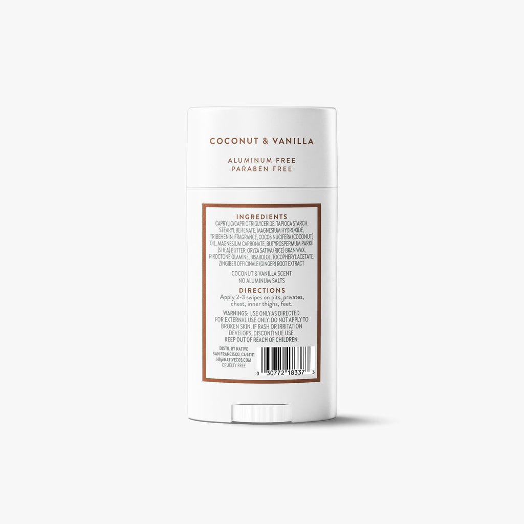 Back label of the Native Whole Body deodorant stick displaying ingredients, directions, and barcode.