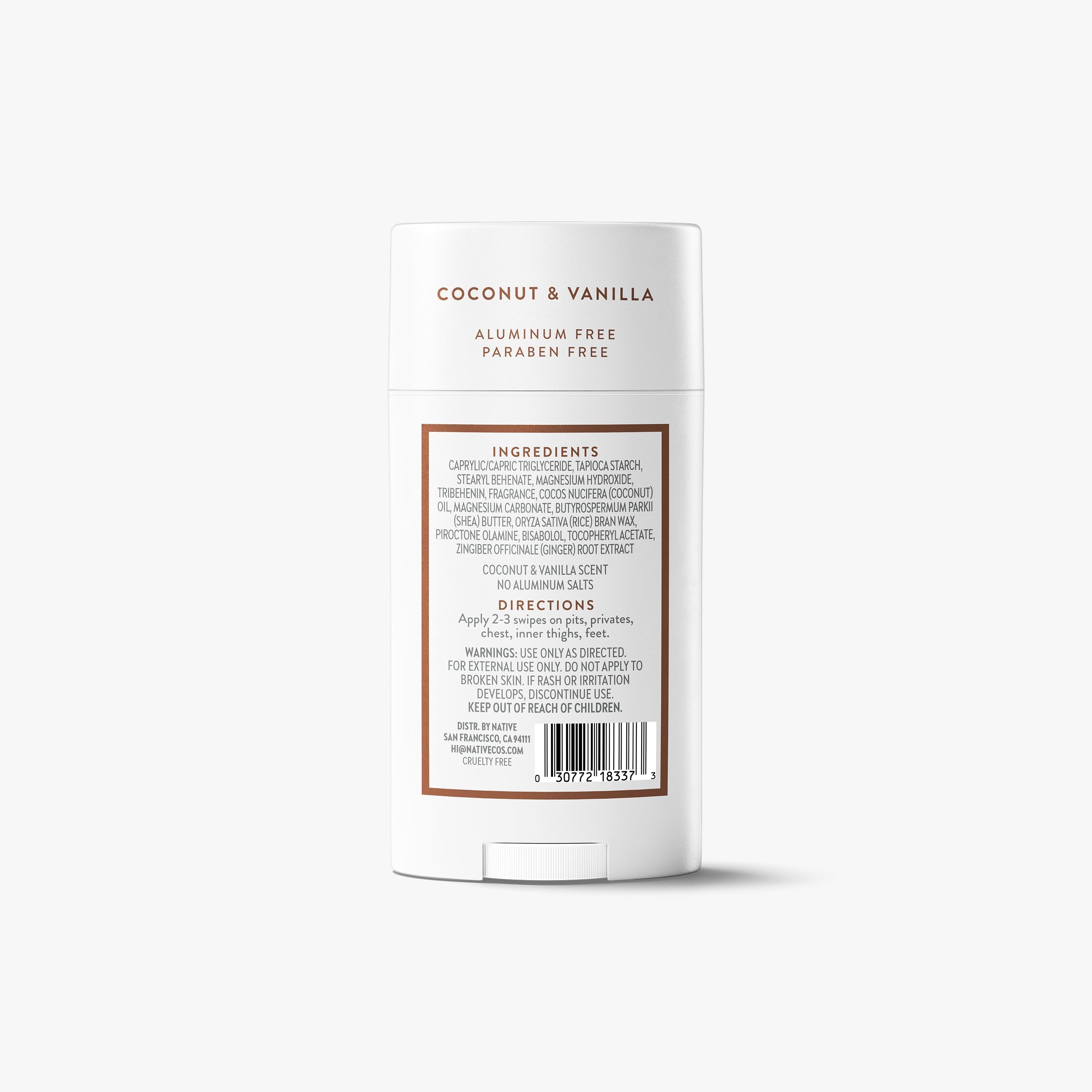Back label of the Native Whole Body deodorant stick displaying ingredients, directions, and barcode.