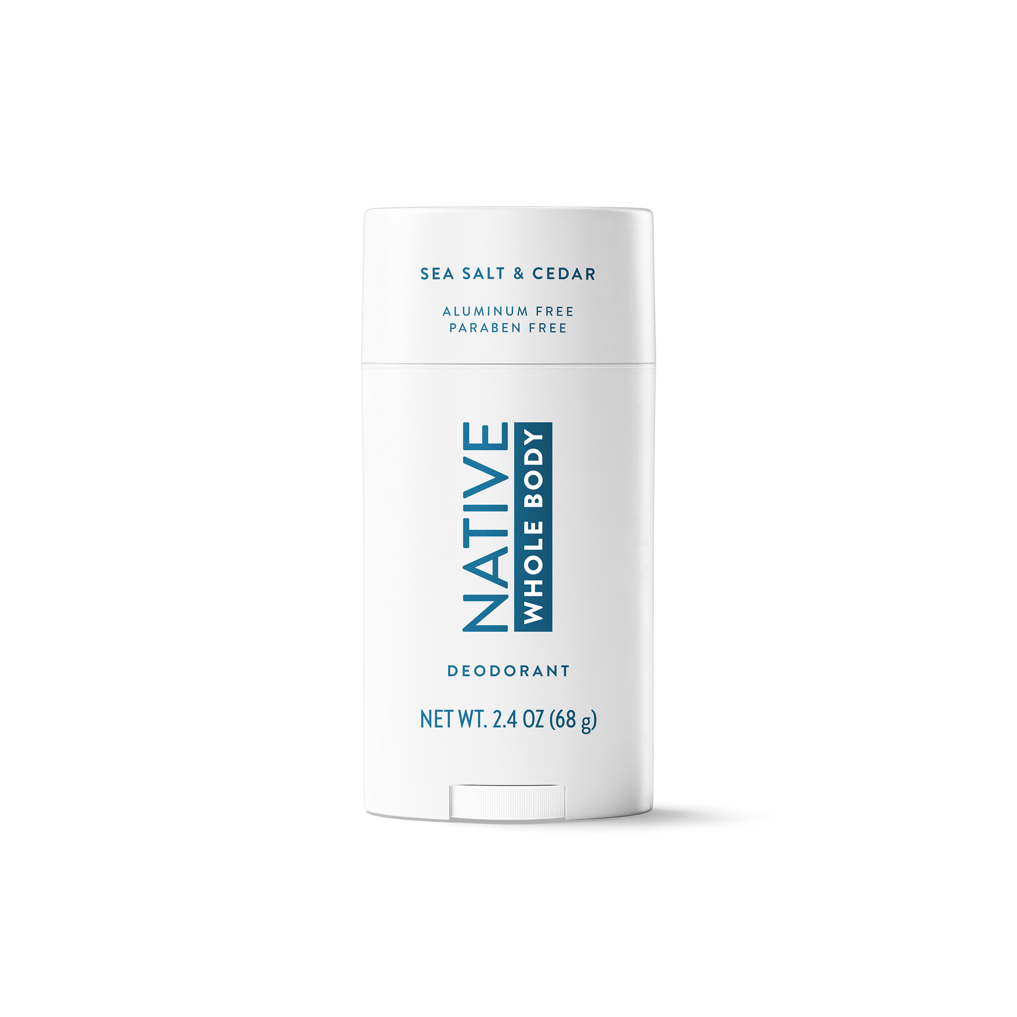 Front view of Native Whole Body Deodorant stick in Sea Salt & Cedar scent, centered on a black background.
