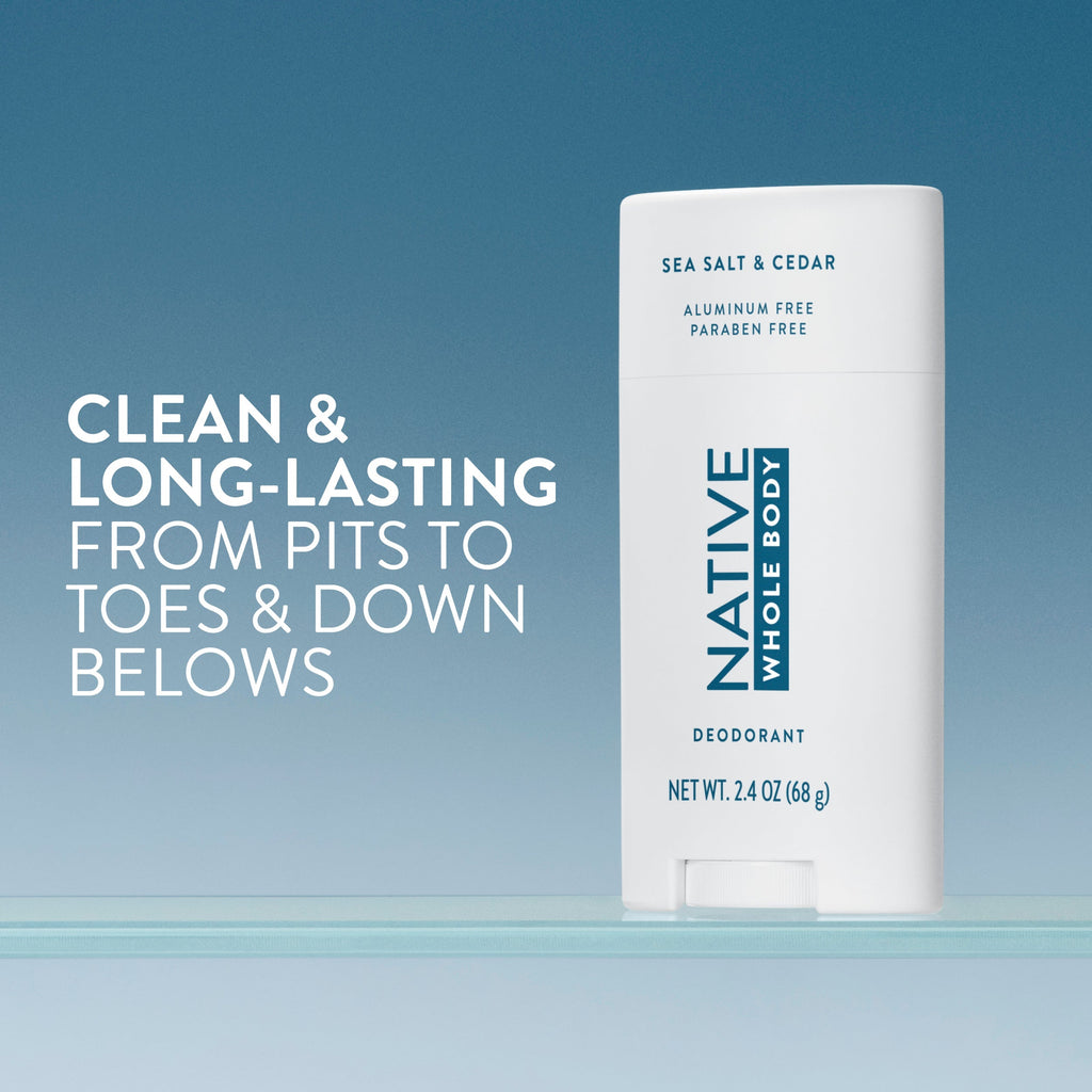 Native deodorant stick on a glass shelf with the text "Clean & long-lasting from pits to toes & down belows."