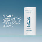 Native deodorant stick on a glass shelf with the text "Clean & long-lasting from pits to toes & down belows."