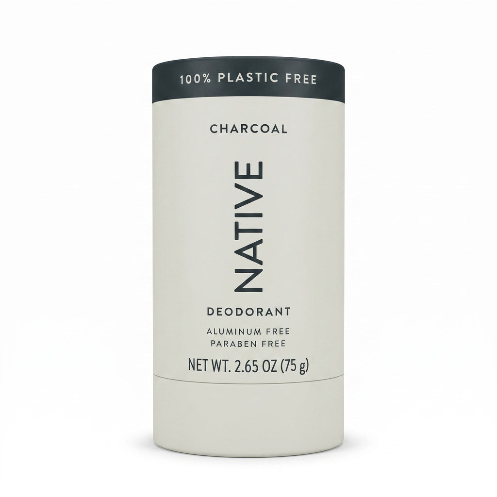 Native Charcoal plastic-free deodorant stick in a beige paperboard tube with black cap, front label showing 2.65 oz net weight, aluminum-free and paraben-free.