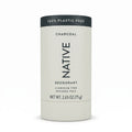 Native Charcoal plastic-free deodorant stick in a beige paperboard tube with black cap, front label showing 2.65 oz net weight, aluminum-free and paraben-free.