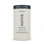 Native Charcoal plastic-free deodorant stick in a beige paperboard tube with black cap, front label showing 2.65 oz net weight, aluminum-free and paraben-free.