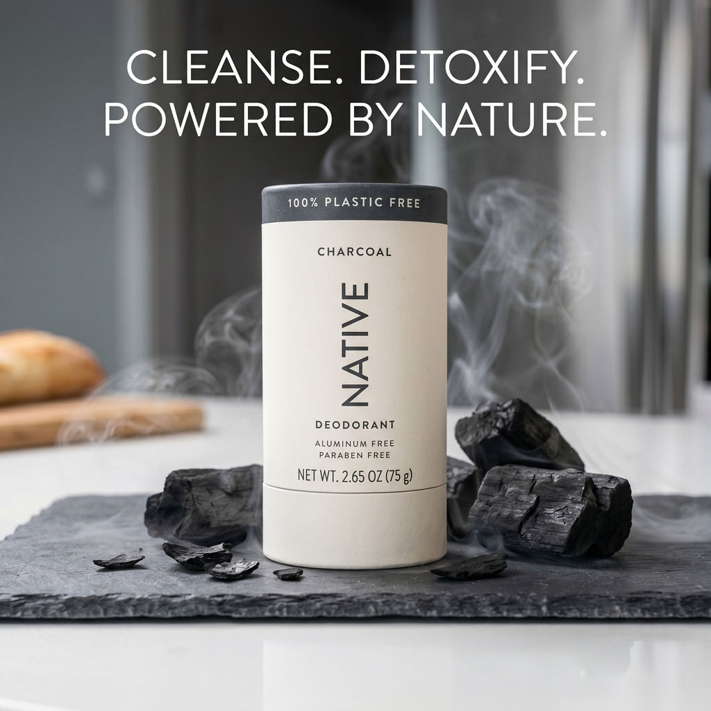 Native Charcoal plastic-free deodorant tube styled on a slate board with chunks of charcoal and rising smoke, headline reading "Cleanse. Detoxify. Powered by Nature."