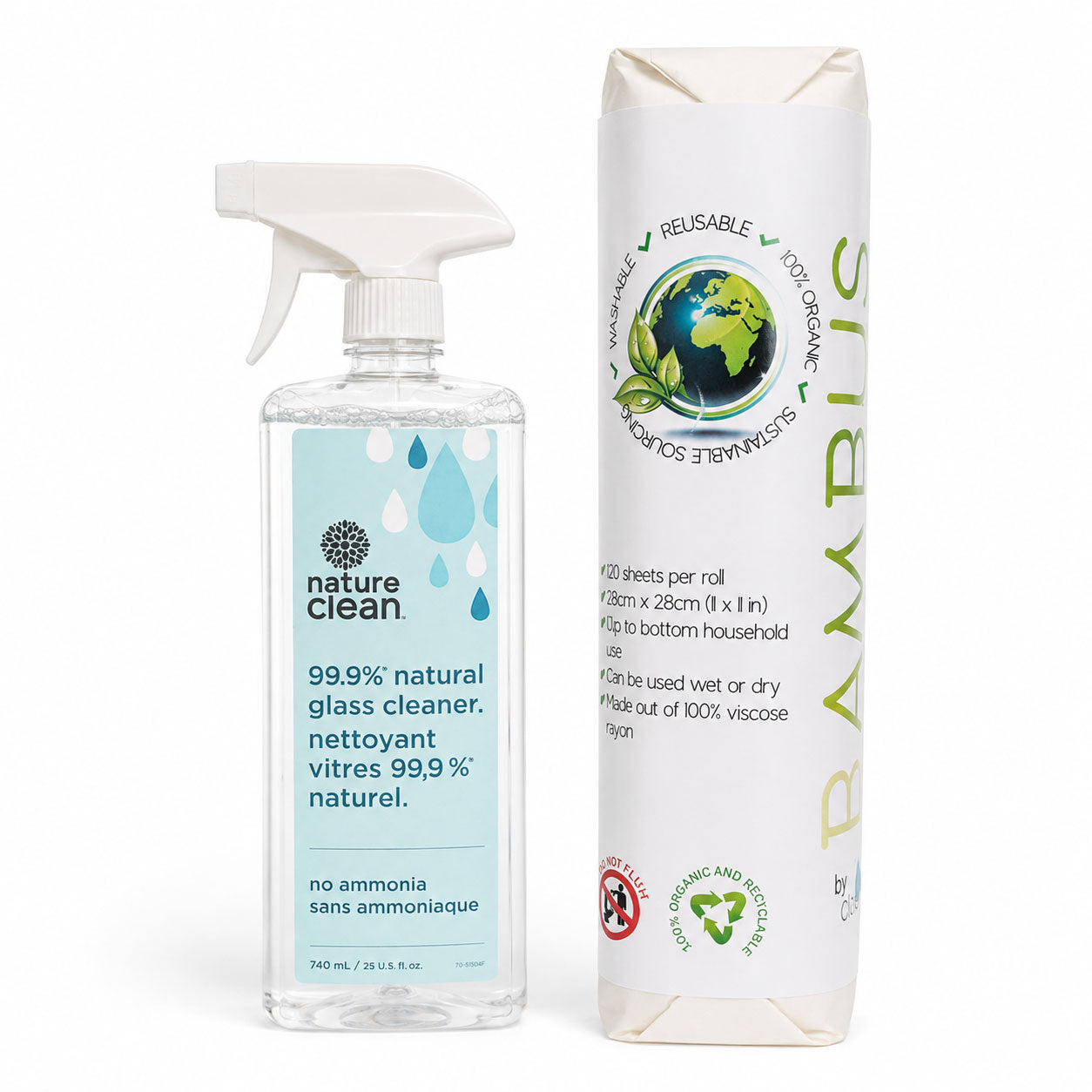 Nature Clean Glass Cleaner + Bamboo Towel Roll Set