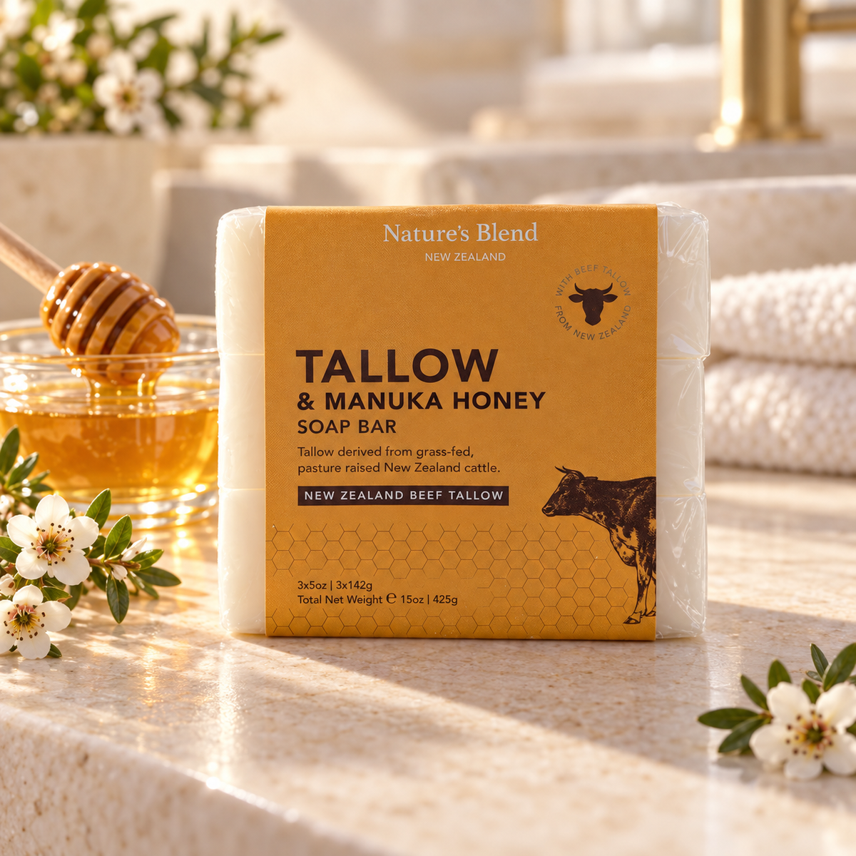 Nature's Blend Tallow & Manuka Honey Bar Soap - Triple-Milled (3-Pack)