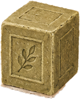 Paper cut-out of an olive-green cube of savon de Marseille