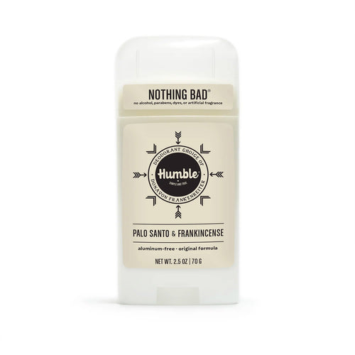 A white stick of Humble Palo Santo & Frankincense deodorant is centred against a clean white background.