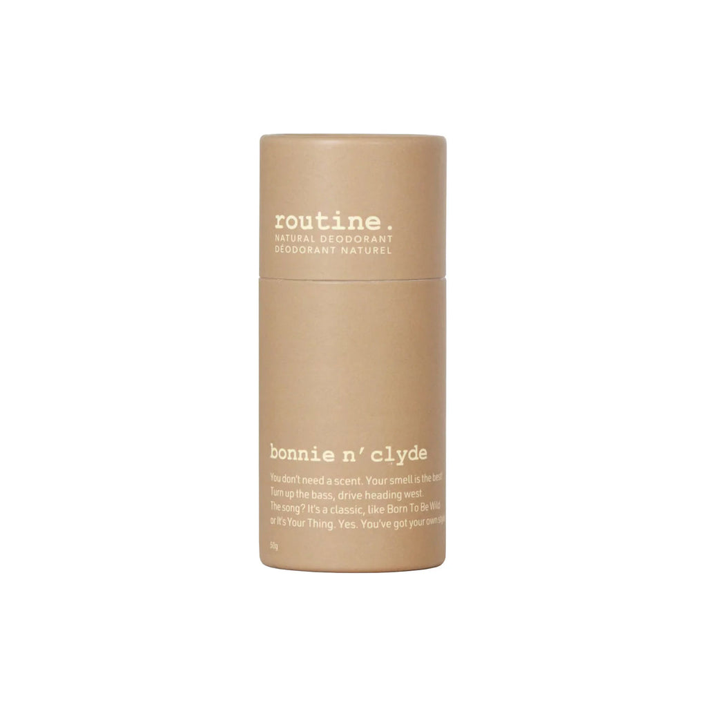 Routine Bonnie n’ Clyde deodorant stick in brown cardboard tube on white background showing label