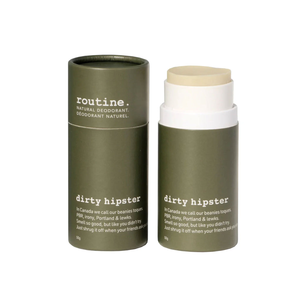 Two routine Dirty Hipster natural deodorant  sticks, one is with lid on, the other is without a lid with the deodorant partially sticking out